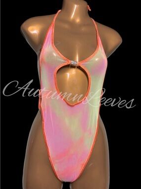 Holographic Neon Orange Trim One-Piece Cutout Swimsuit